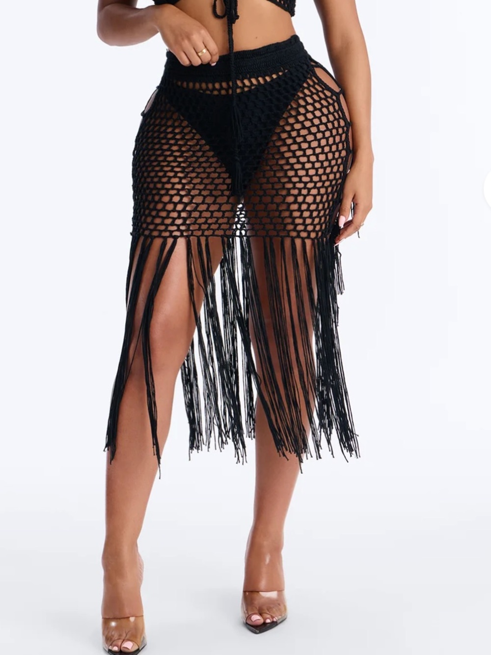 Black Crochet Fringe Midi Skirt